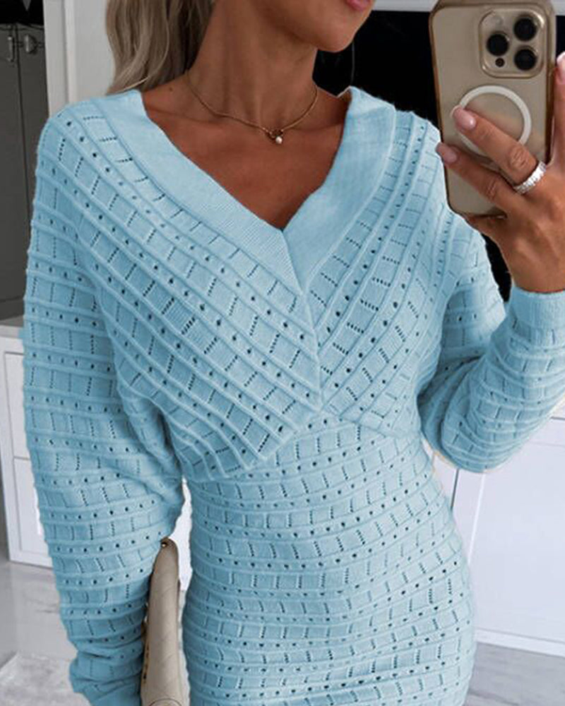 V-Neck Hollow Out Long Sleeve Knit Dress