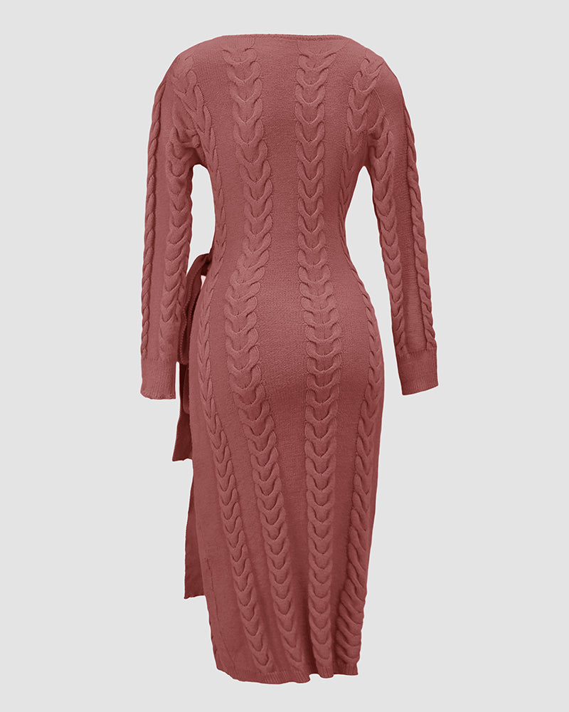 Cable Textured Overlap Deep V Neck Long Sleeve Mid Length Dress Tie Waist Slim Fit Knit Dress