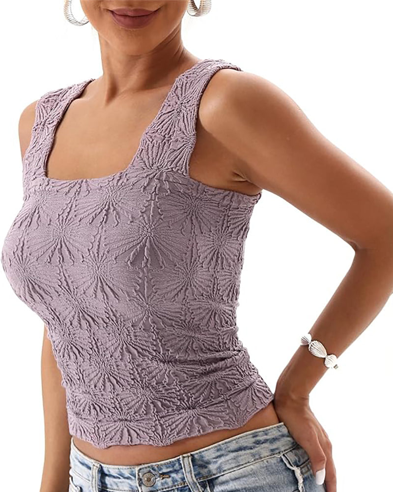 Floral Jacquard Square Neck Thick Strap Crop Tank Casual Sleeveless Top