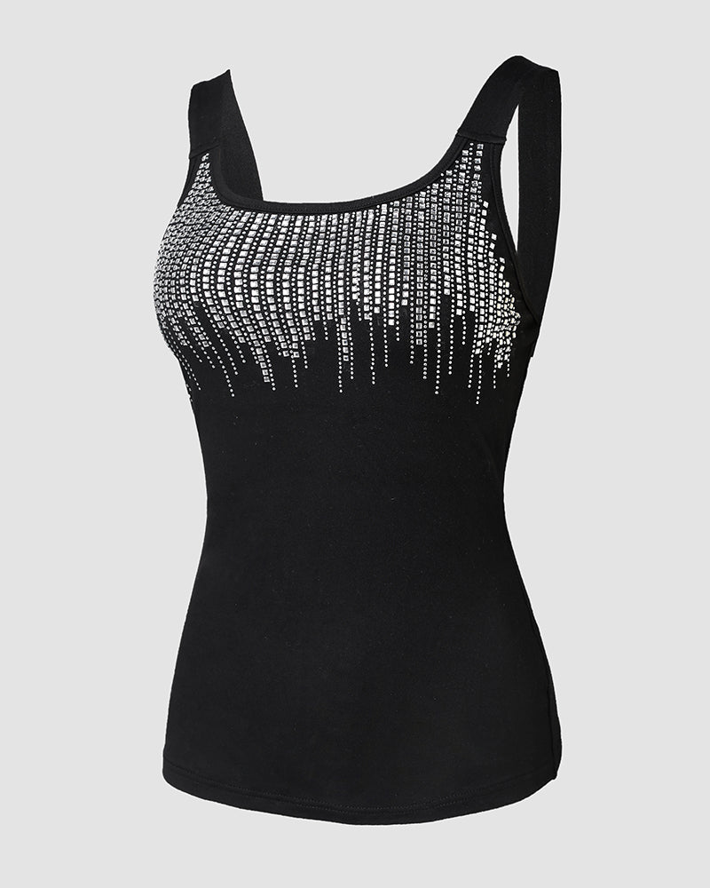 Round Neck Rhinestone Decor Skinny Tank Top