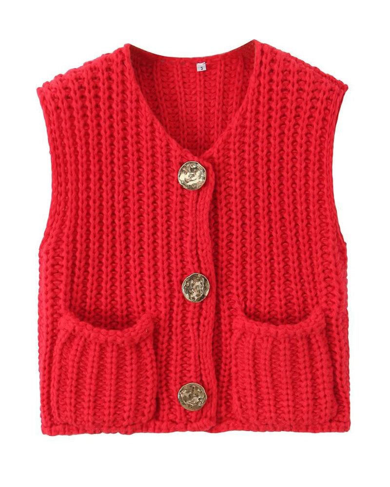 V-Neck Sleeveless Button Front Knit Vest Casual Loose Fit Sweater Top with Pockets