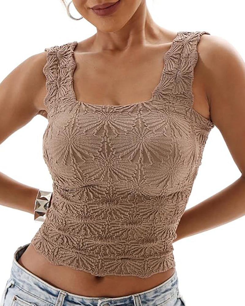 Floral Jacquard Square Neck Thick Strap Crop Tank Casual Sleeveless Top