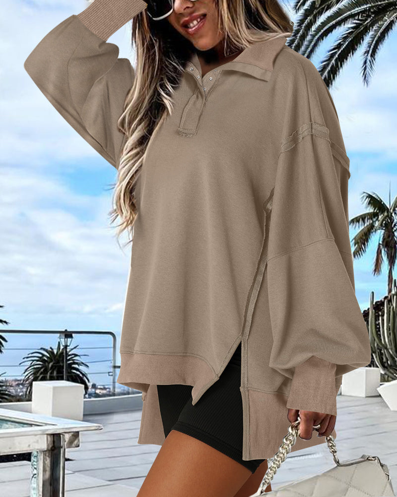 Polo Collar Long Sleeve Sweatshirt Loose Fit Side Slit Dip Hem Casual Top