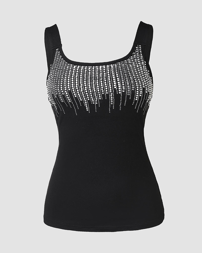 Round Neck Rhinestone Decor Skinny Tank Top
