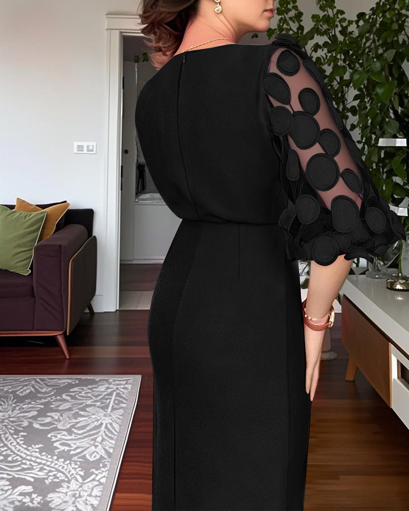3D Polka Dot Appliques Mesh Lantern Sleeve Zipper Back Slit Work Dress Cinched Waist Slim Fit Mid Length Dress With Belt