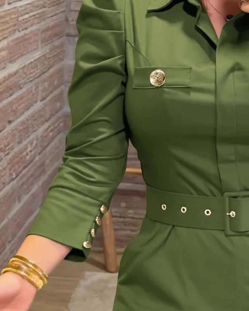 Turn-down Collar Long Sleeve Button Decor Front Slit Slim Fit Mid-Calf Dress Work Bodycon