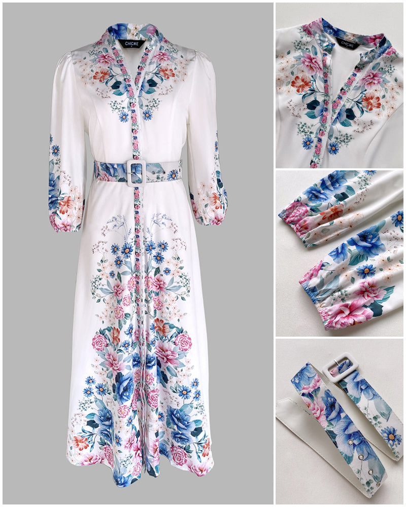 Floral Print V Neck Three Quarters Tied Detail Blouse Dress Casual A Line Slim Fit Maxi Dress