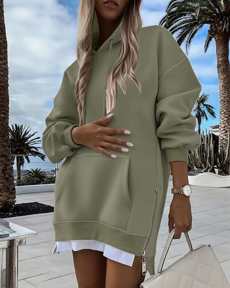 Long Sleeve Pocket Design Pullover Sweatshirt Casual Faux Two Piece Longline Drawstring Hooded Top