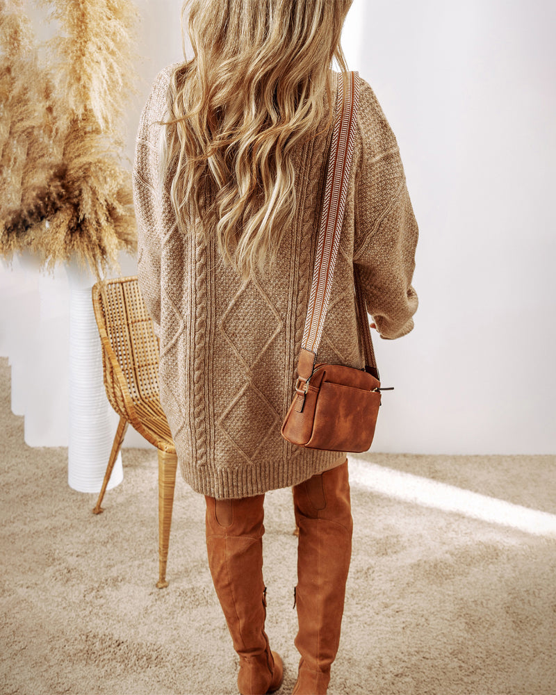 Round Neck Long Sleeve Drop Shoulder Pullover Sweater Casual Loose Fit Cable Knit Mid Length Sweater