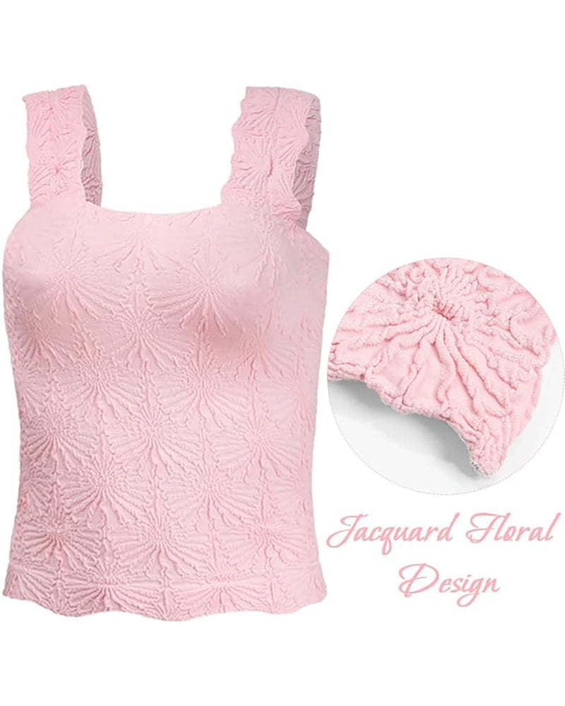 Floral Jacquard Square Neck Thick Strap Crop Tank Casual Sleeveless Top