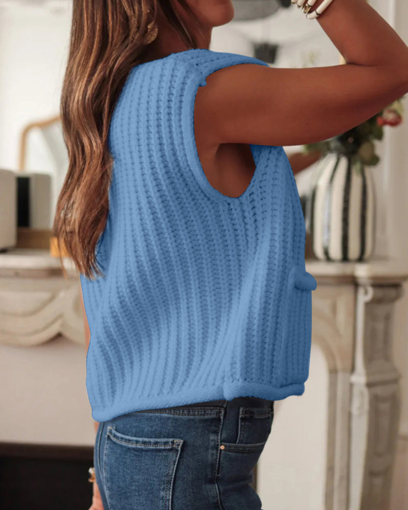 V-Neck Sleeveless Button Front Knit Vest Casual Loose Fit Sweater Top with Pockets
