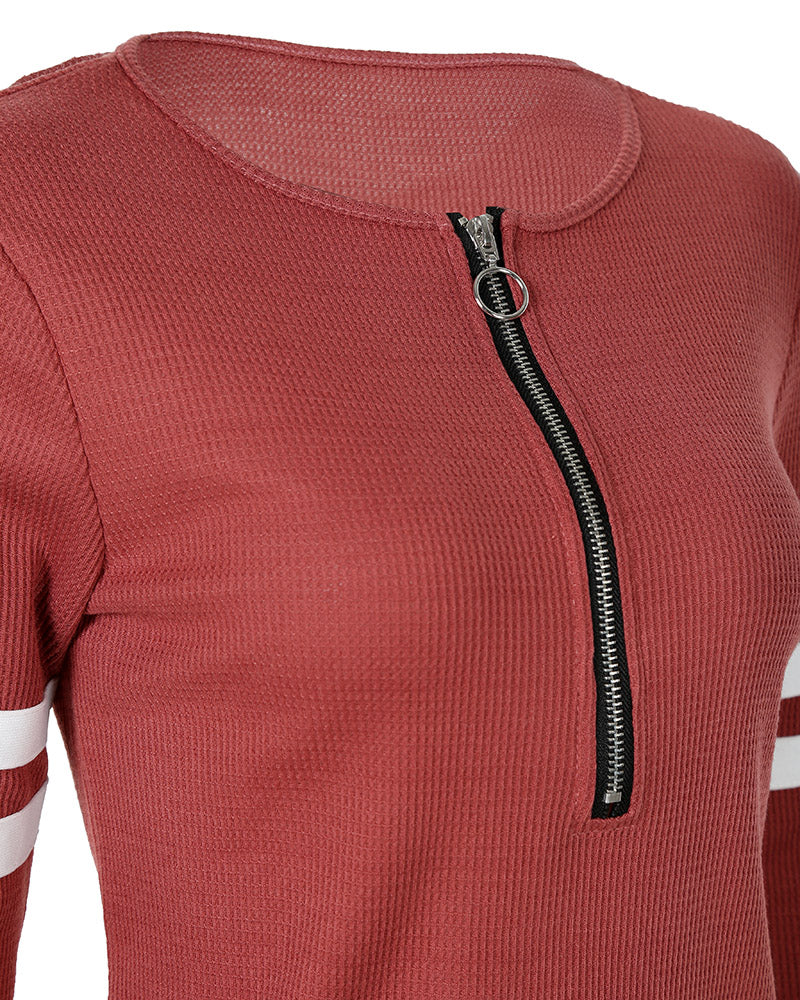 Striped Print Zipper Front Long Sleeve Top  Waffle Knit Loose Fitting Tunic Tops