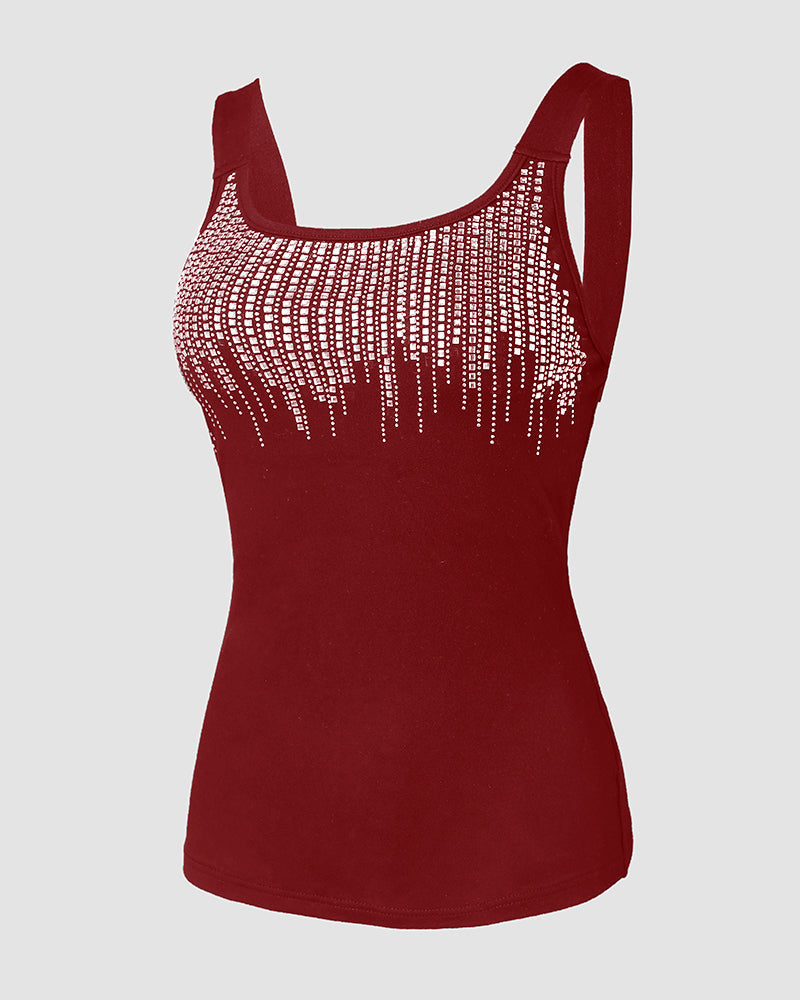 Round Neck Rhinestone Decor Skinny Tank Top
