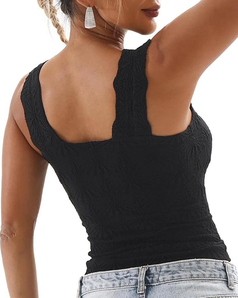 Floral Jacquard Square Neck Thick Strap Crop Tank Casual Sleeveless Top