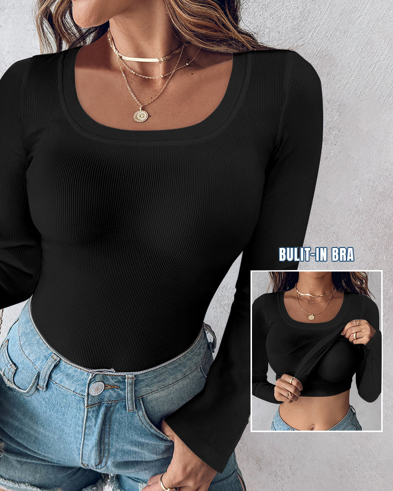 Chicme Built In Bra U Neck Long Sleeve Ribbed Top