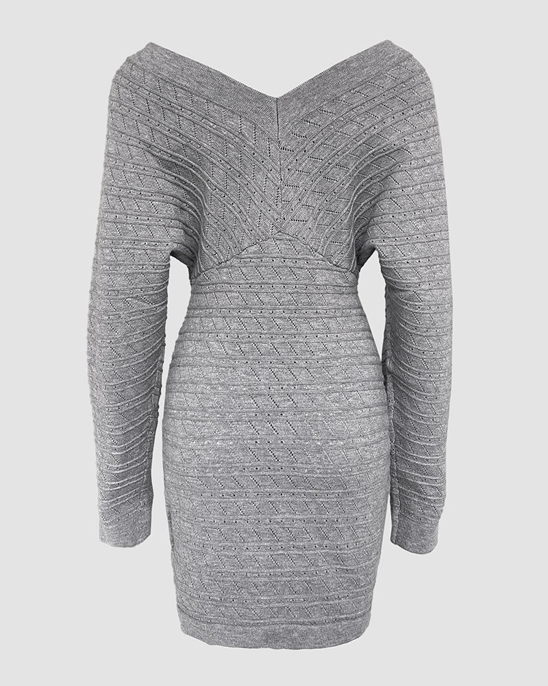 V-Neck Hollow Out Long Sleeve Knit Dress