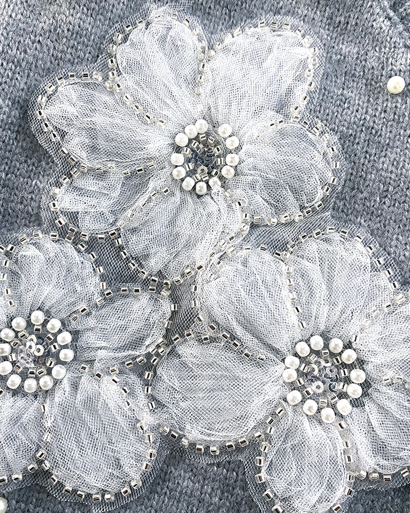 Floral Applique & Pearls Decor Round Neck Single Breasted Knit Cardigan Casual Crop Sweater Coat