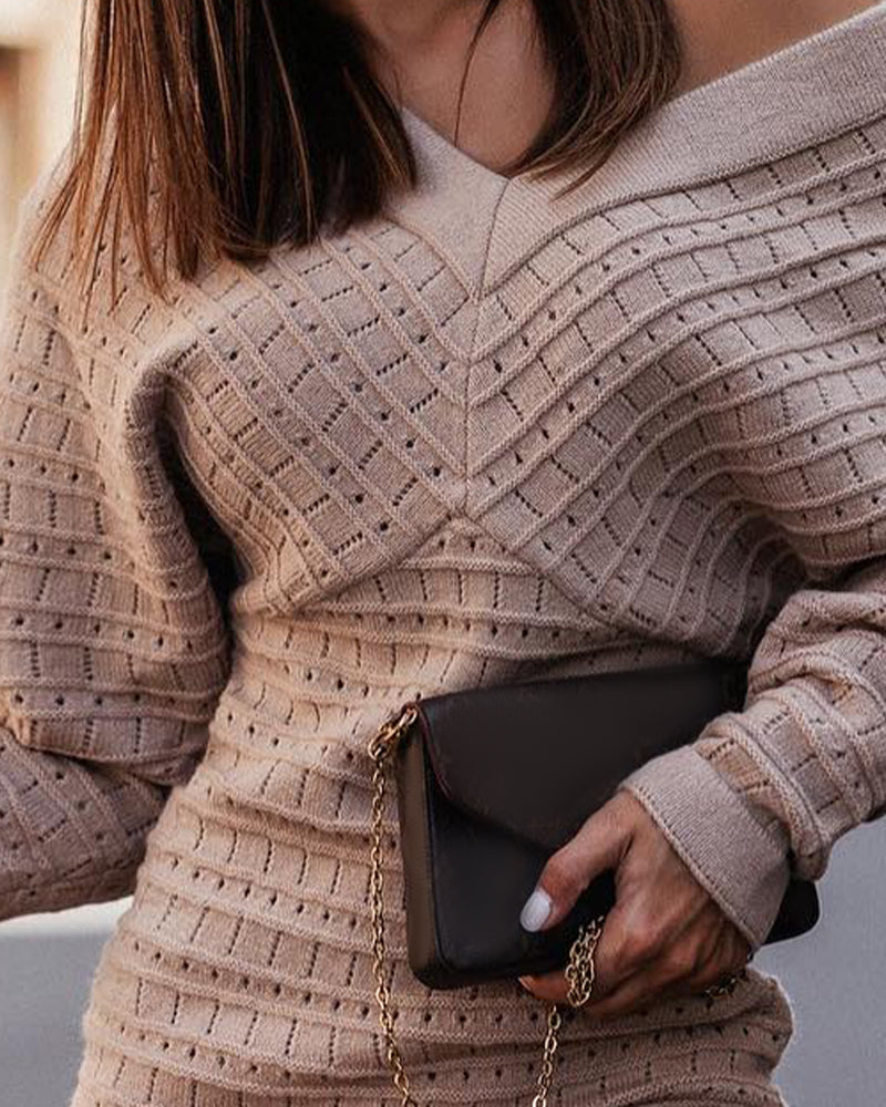 V-Neck Hollow Out Long Sleeve Knit Dress