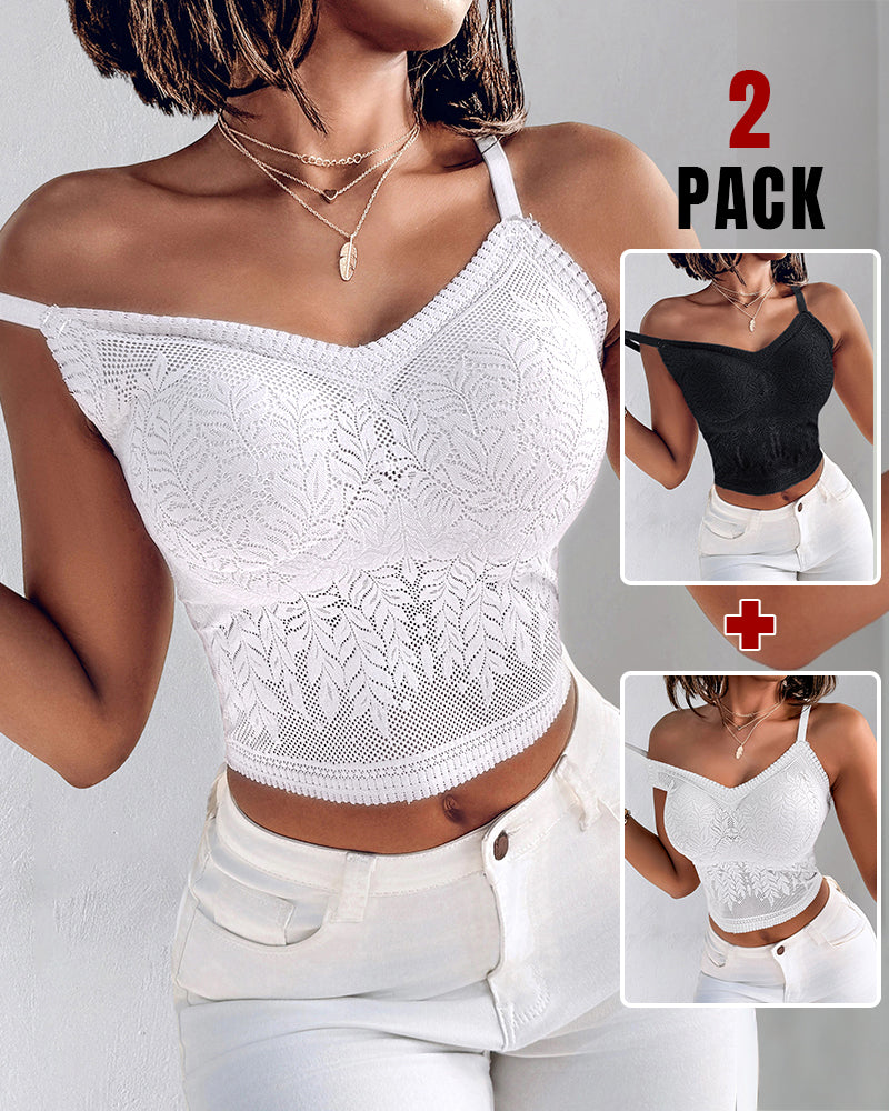 2-Pack Womens Lace V-Neck Adjustable Spaghetti Straps Bralette Camisoles Sexy Soft Crop Cami Top