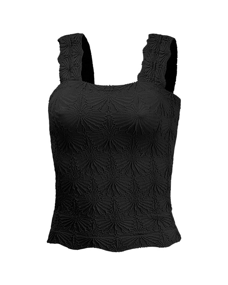 Floral Jacquard Square Neck Thick Strap Crop Tank Casual Sleeveless Top