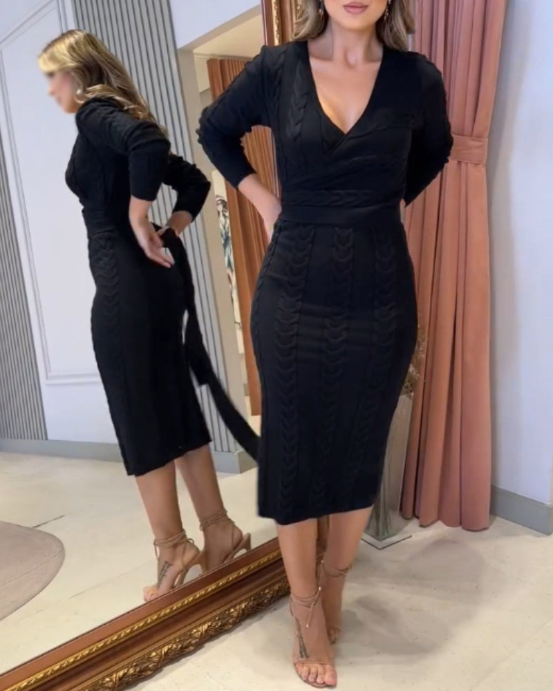 Cable Textured Overlap Deep V Neck Long Sleeve Mid Length Dress Tie Waist Slim Fit Knit Dress
