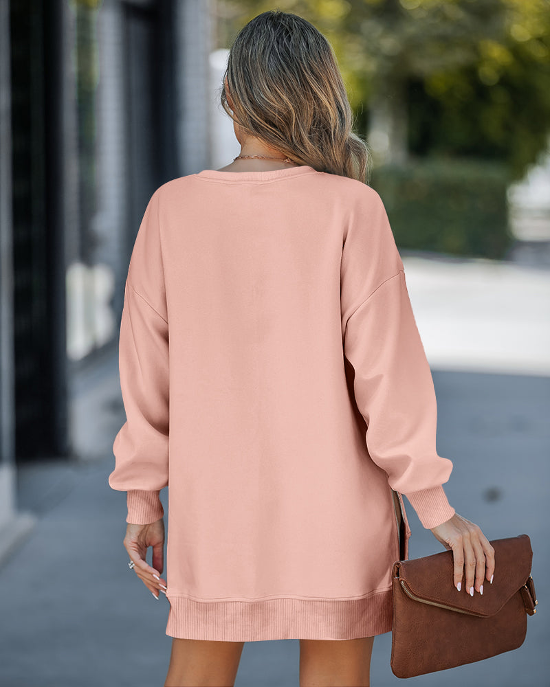 Letter Patch Detail Long Sleeve Drop Shoulder Pullover Sweatshirt Casual Zipper Side Slit Top