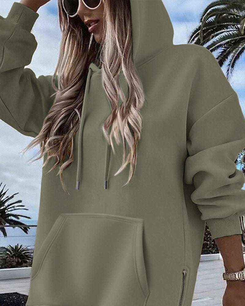 Long Sleeve Pocket Design Pullover Sweatshirt Casual Faux Two Piece Longline Drawstring Hooded Top