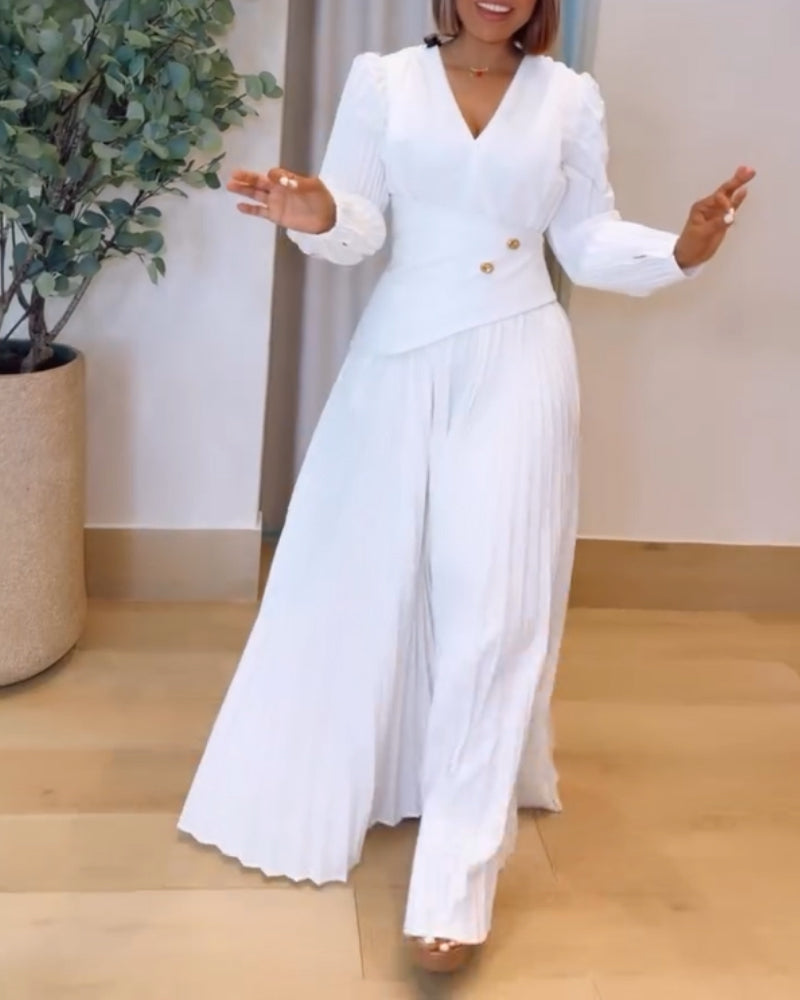 Button Decor Overlap V-Neck Pleated Puff Sleeve Zipper Side Commuting Dress Casual Cinched Waist Pleated Dress