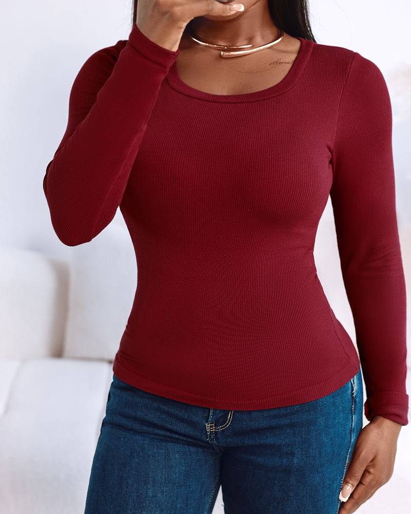Built In Bra U Neck Tee High Stretchy Knit T-Shirt Long Sleeve Top