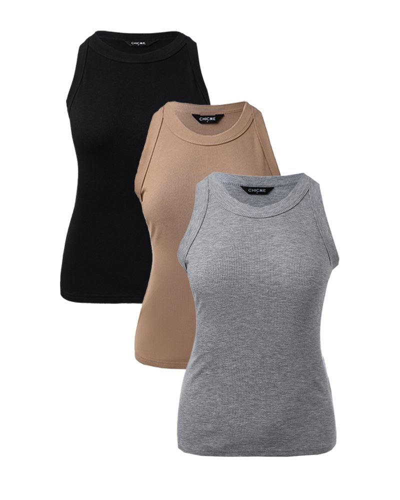 3 Pack Knit Round Neck Thick Strap Racerback Tank Tops(Without Pads)