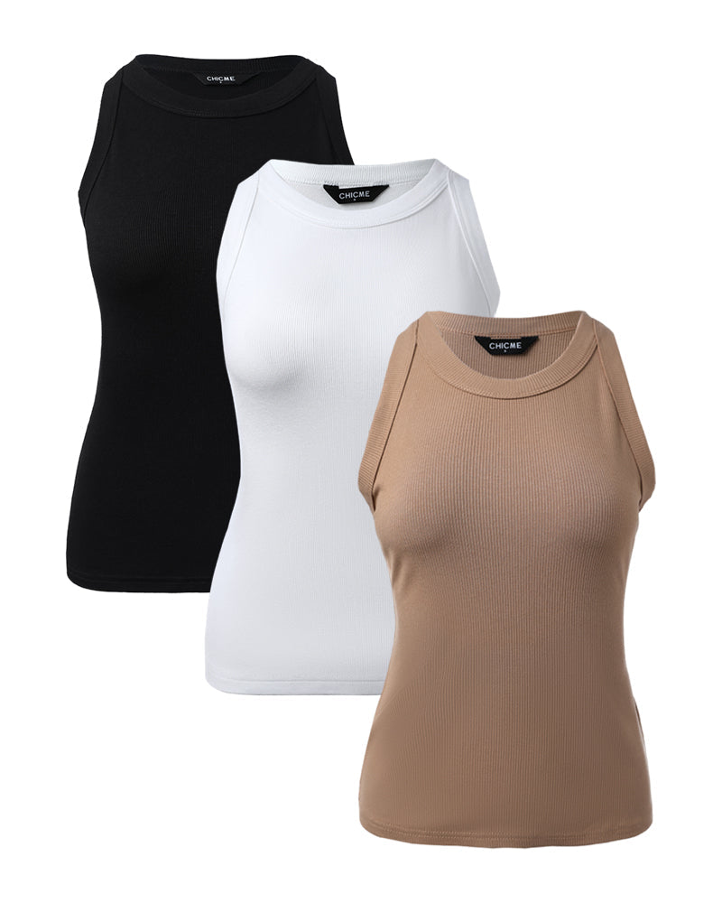 3 Pack Knit Round Neck Thick Strap Racerback Tank Tops(Without Pads)