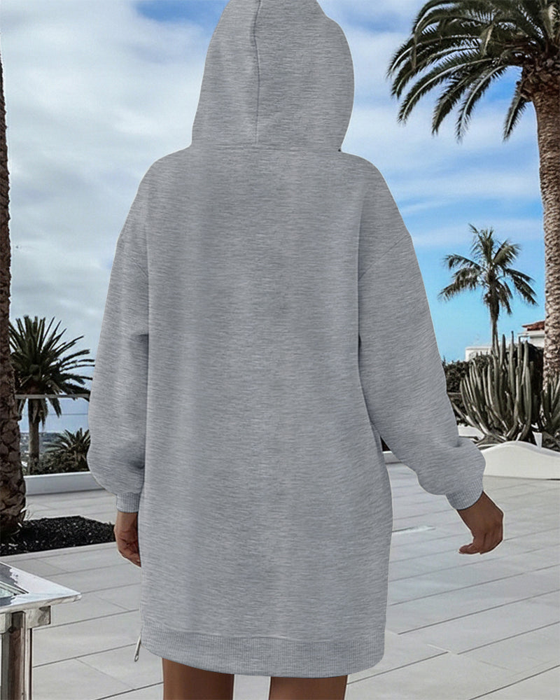 Long Sleeve Pocket Design Pullover Sweatshirt Casual Faux Two Piece Longline Drawstring Hooded Top