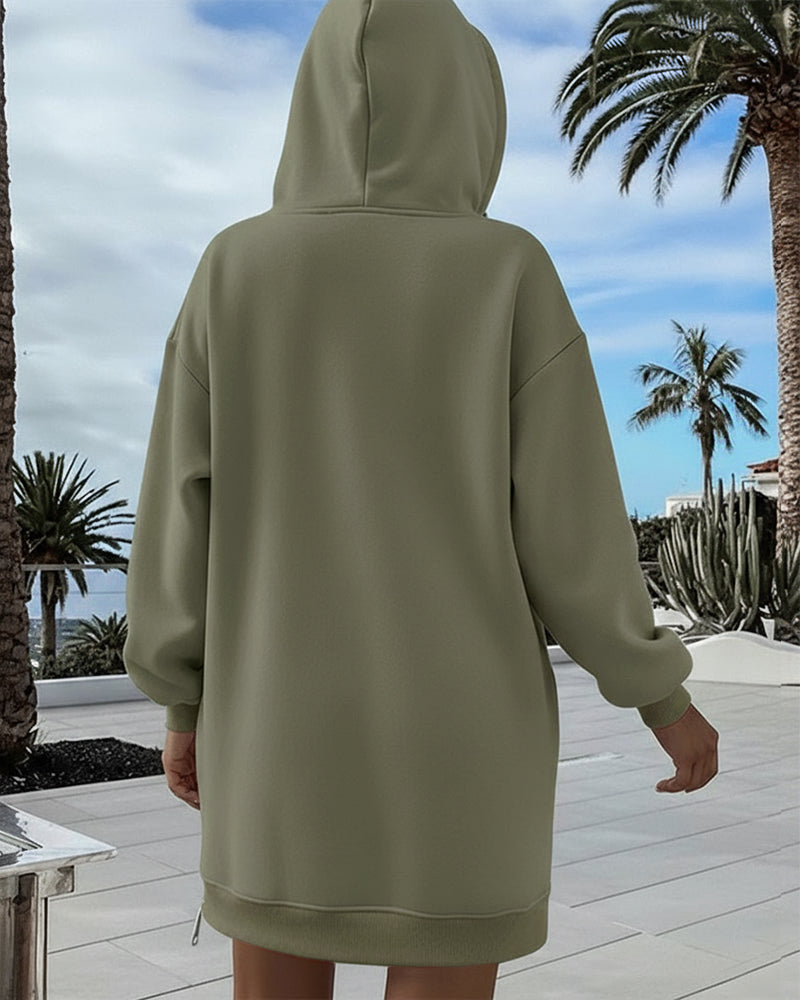 Long Sleeve Pocket Design Pullover Sweatshirt Casual Faux Two Piece Longline Drawstring Hooded Top