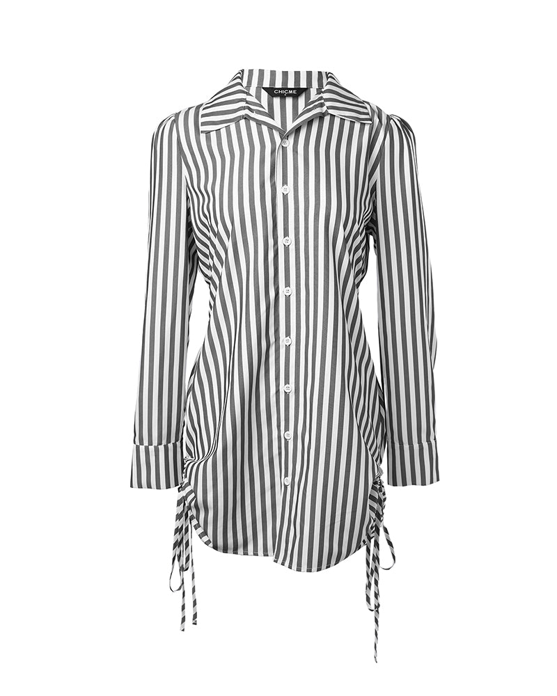 Striped Turn-down Collar Long Sleeve Dress Button Drwastring  Shirred Dress