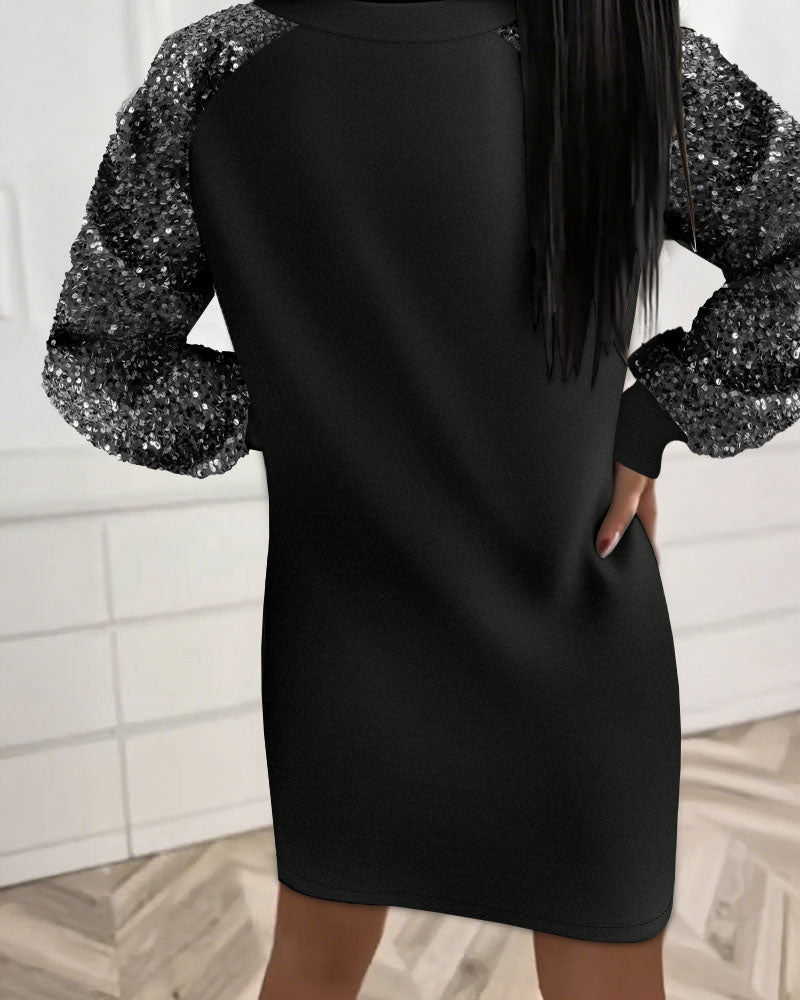 Stand Collar Sequin Long Sleeve Drawstring Casual Mini Straight Dress
