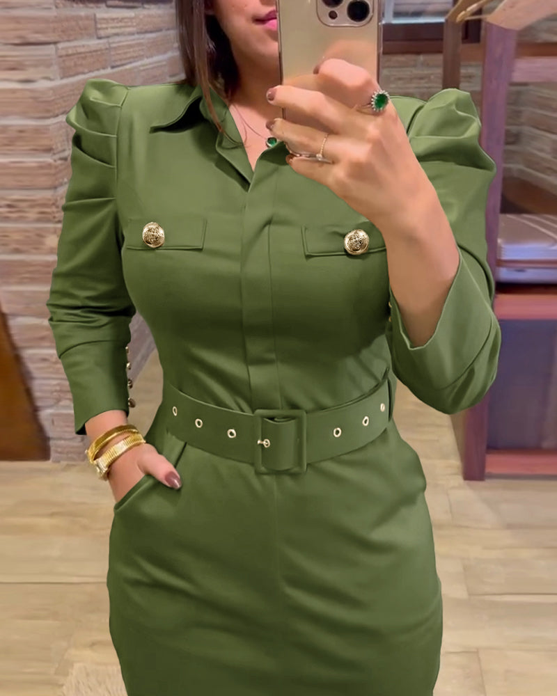 Turn-down Collar Long Sleeve Button Decor Front Slit Slim Fit Mid-Calf Dress Work Bodycon