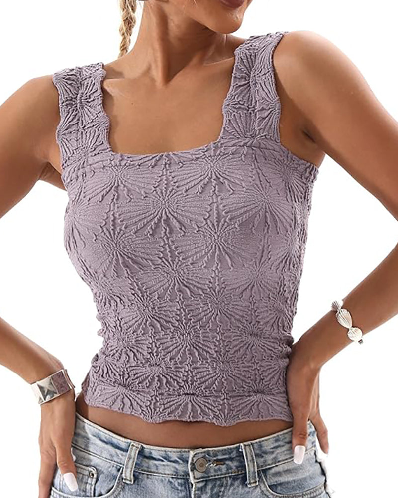 Floral Jacquard Square Neck Thick Strap Crop Tank Casual Sleeveless Top