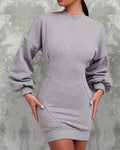 Lantern Sleeve Bodycon Pullover Sweatshirt Dress Crew Neck Mini Dress