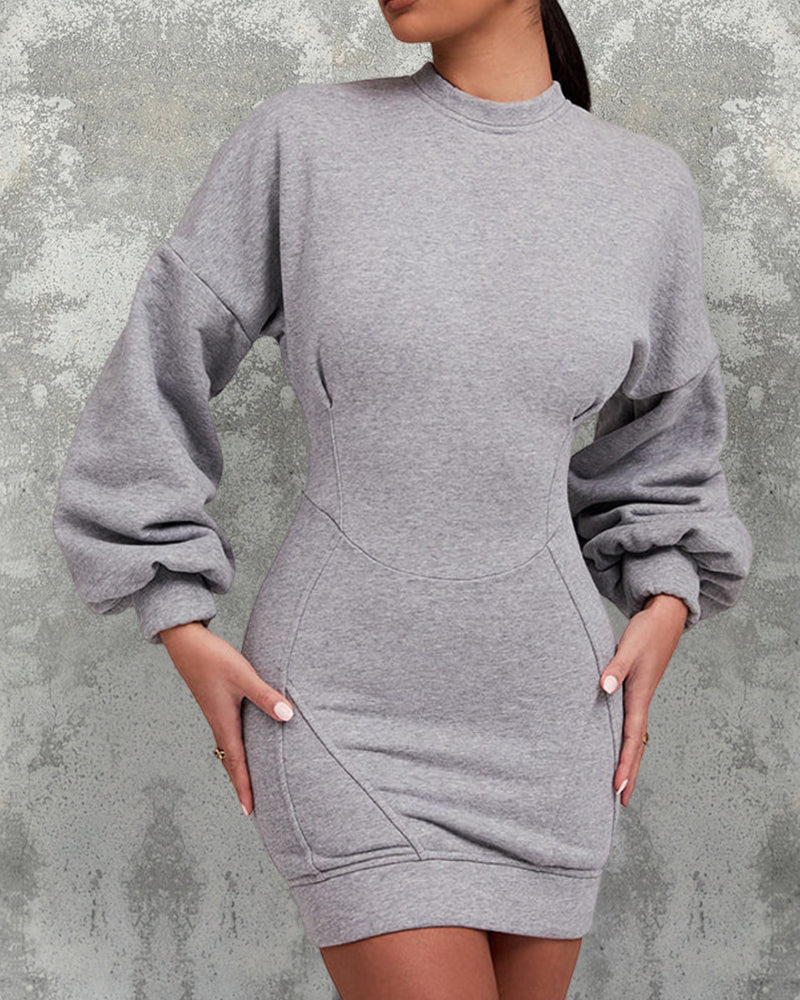Lantern Sleeve Bodycon Pullover Sweatshirt Dress Crew Neck Mini Dress