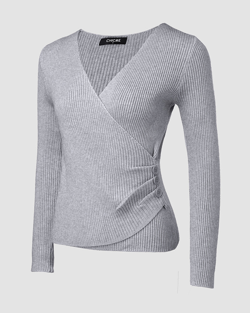 Overlap V-Neck Ruched Side Button Decor Knit Sweater Slim Fit Ribbed Pullover Top