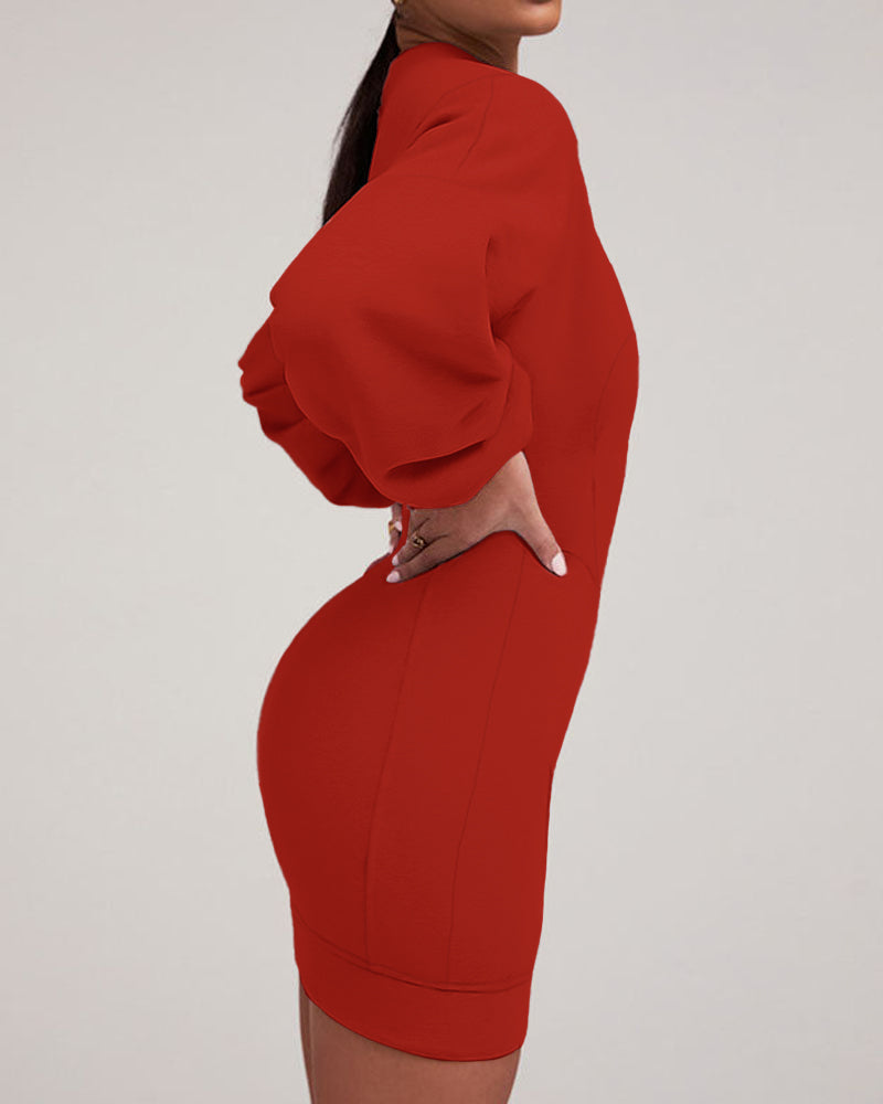 Lantern Sleeve Bodycon Pullover Sweatshirt Dress Crew Neck Mini Dress