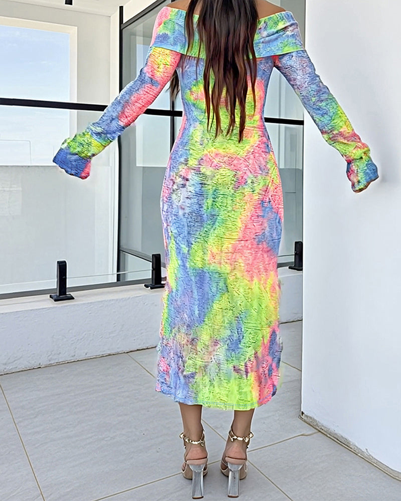 Tie Dye Print Foldover Off Shoulder Long Sleeve Textured Bodycon Dress Casual Ripped Detail High Strech Vacation Dress