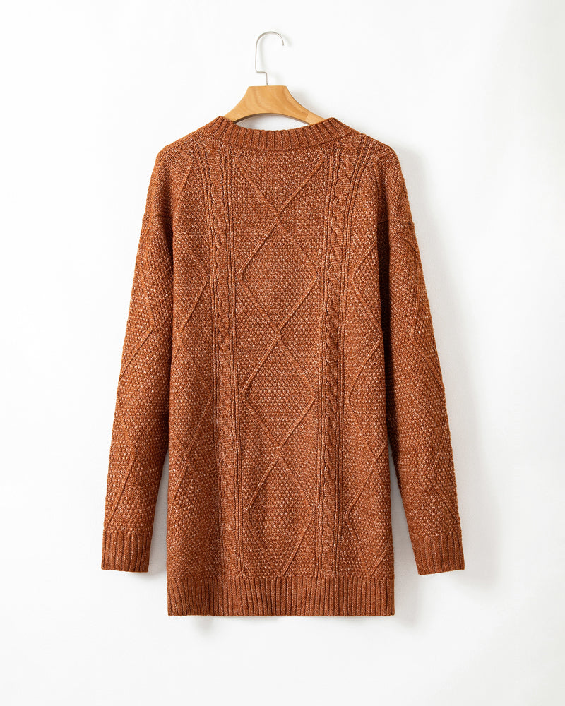 Round Neck Long Sleeve Drop Shoulder Pullover Sweater Casual Loose Fit Cable Knit Mid Length Sweater