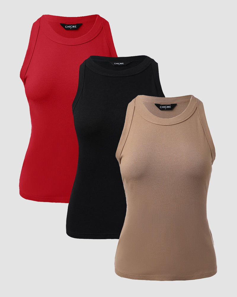 3 Pack Knit Round Neck Thick Strap Racerback Tank Tops(Without Pads)