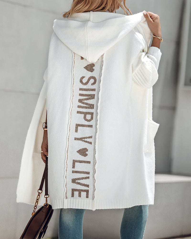 Letter Heart Pattern Long Cardigans Knitted Open Front Oversized Hooded Outerwear Sweater Coat