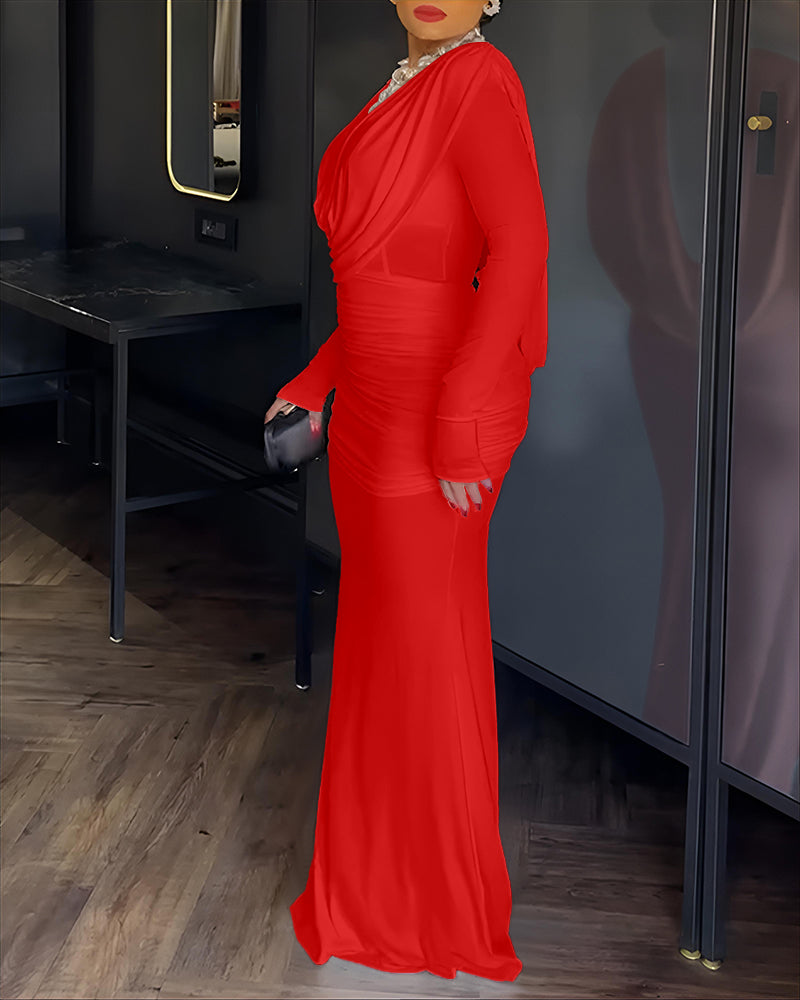 Cowl Neck Ruched Zipper Back Slim Fit Maxi Dress Casual Padded Shoulders Backless Evening Dress