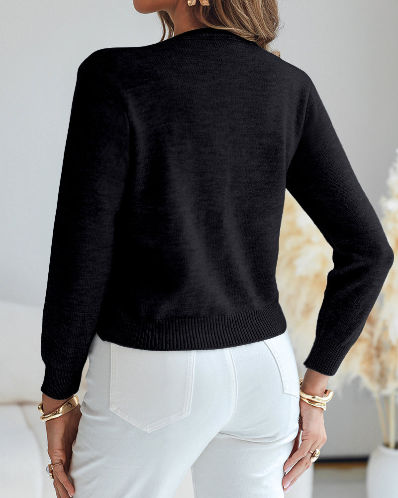 Floral Applique & Pearls Decor Round Neck Single Breasted Knit Cardigan Casual Crop Sweater Coat