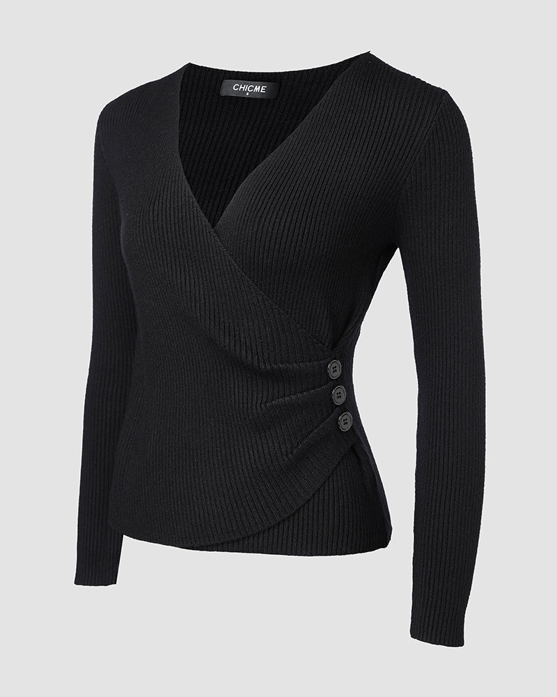 Overlap V-Neck Ruched Side Button Decor Knit Sweater Slim Fit Ribbed Pullover Top