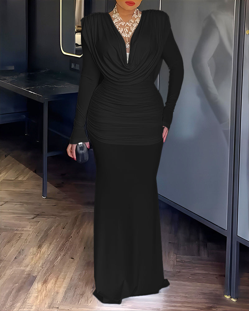 Cowl Neck Ruched Zipper Back Slim Fit Maxi Dress Casual Padded Shoulders Backless Evening Dress