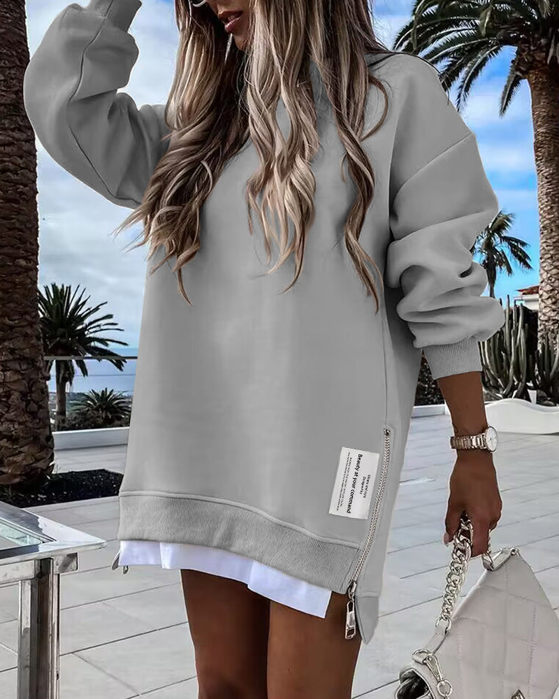Letter Patch Detail Long Sleeve Drop Shoulder Pullover Sweatshirt Casual Zipper Side Slit Top